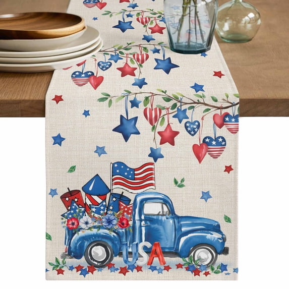Table Runner 48 Inches Long for Kitchen Dining, Independence Day Dresser Scarf Farmhouse, Dining Table Decorations for Wedding/Parties, Farmhouse American Flag Truck Star Burlap 13 x 48 In