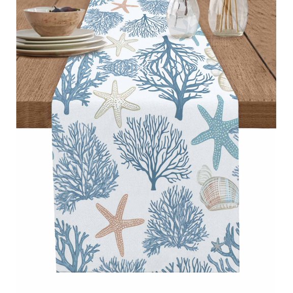 Table Runner 48 Inches Long for Kitchen Dining, Light Blue Coral Coastal Dresser Scarf Farmhouse, Dining Table Decorations for Wedding/Parties, Summer Beach Starfish Shell 13 x 48 In
