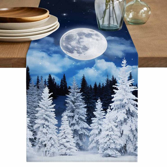 Table Runner 48 Inches Long for Kitchen Dining, Moonlight Landscapes Dresser Scarf Farmhouse, Dining Table Decorations for Wedding/Parties, Winter Christmas Trees Forest 13 x 48 In