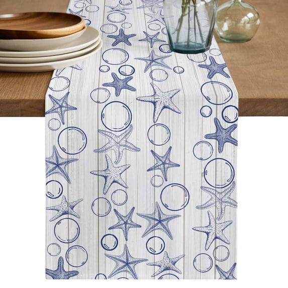 Table Runner 48 Inches Long for Kitchen Dining, Navy Blue Coastal Dresser Scarf Farmhouse, Dining Table Decorations for Wedding/Parties, Starfish Nautical Ocean Sea Wooden 13 x 48 In