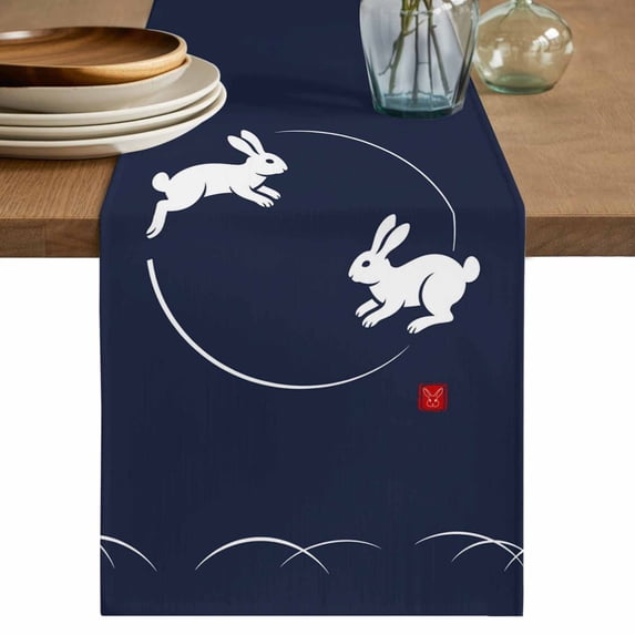 Table Runner 48 Inches Long for Kitchen Dining, Navy Blue Modern Dresser Scarf Farmhouse, Dining Table Decorations for Wedding/Parties, Farmhouse Rabbit Abstract Art 13 x 48 In