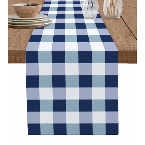 Table Runner 48 Inches Long for Kitchen Dining, Navy Blue White Buffalo Check Dresser Scarf Farmhouse, Dining Table Decorations for Wedding/Parties, Farmhouse Plaid Modern Geometric 13 x 48 In