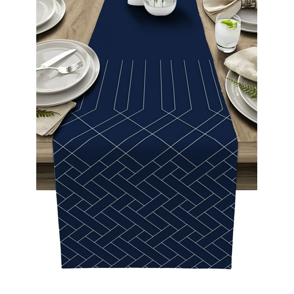 Table Runner 48 Inches Long for Kitchen Dining, Navy Blue White Geometric Dresser Scarf Farmhouse, Dining Table Decorations for Wedding/Parties, Modern Herringbone Abstract Art 13 x 48 In