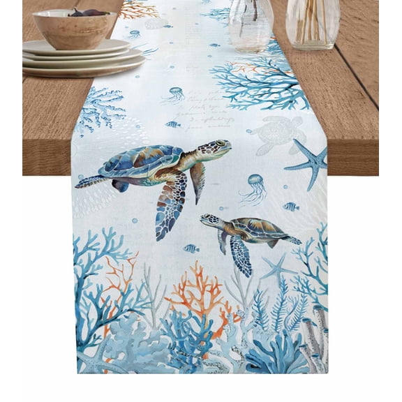 Table Runner 48 Inches Long for Kitchen Dining, Ocean Turtle Dresser Scarf Farmhouse, Dining Table Decorations for Wedding/Parties, Blue Coastal Coral Starfish Seagrass 13 x 48 In