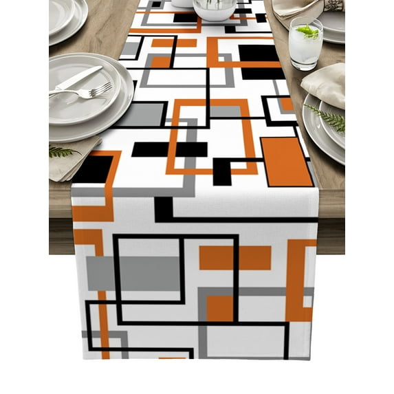 Table Runner 48 Inches Long for Kitchen Dining, Orange Black Grey Geometric Dresser Scarf Farmhouse, Dining Table Decorations for Wedding/Parties, Middle Century Modern Abstract Art 13 x 48 In