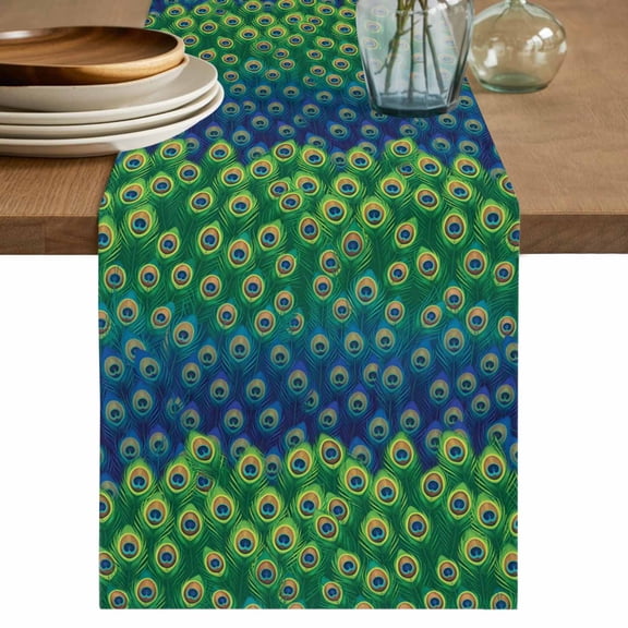 Table Runner 48 Inches Long for Kitchen Dining, Peacock Feathers Dresser Scarf Farmhouse, Dining Table Decorations for Wedding/Parties, Ombre Blue Green Modern Animals Printed 13 x 48 In