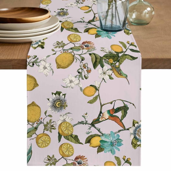 Table Runner 48 Inches Long for Kitchen Dining, Pink Botanical Dresser Scarf Farmhouse, Dining Table Decorations for Wedding/Parties, Spring Floral Summer Lemon Birds 13 x 48 In