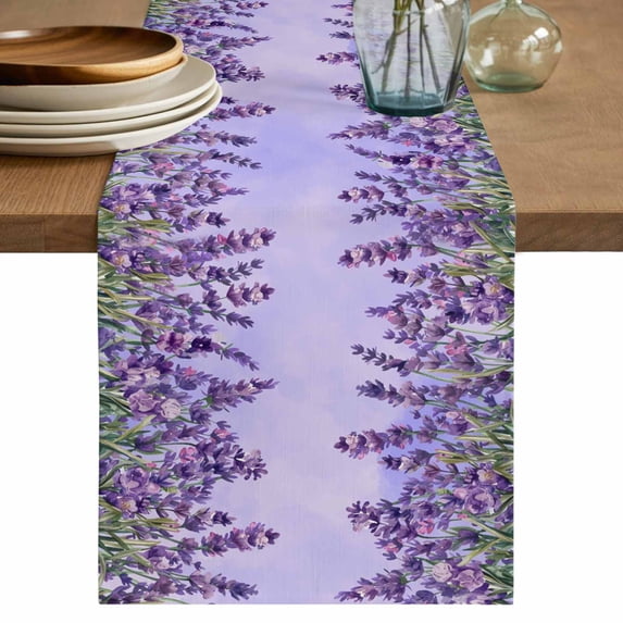 Table Runner 48 Inches Long for Kitchen Dining, Purple Lavender Dresser Scarf Farmhouse, Dining Table Decorations for Wedding/Parties, Spring Watercolor Wild Flowers Plant 13 x 48 In