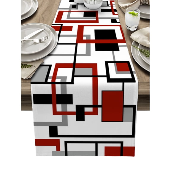 Table Runner 48 Inches Long for Kitchen Dining, Red Black Grey Geometric Dresser Scarf Farmhouse, Dining Table Decorations for Wedding/Parties, Middle Century Modern Abstract Art 13 x 48 In