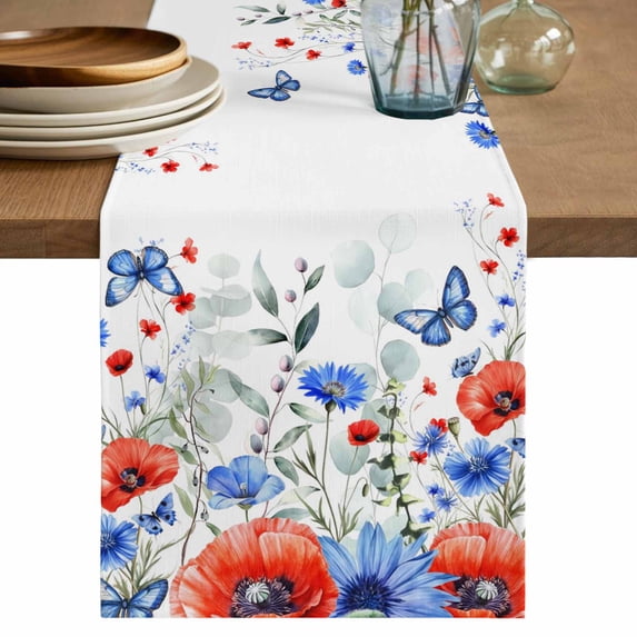 Table Runner 48 Inches Long for Kitchen Dining, Red Blue Flowers Dresser Scarf Farmhouse, Dining Table Decorations for Wedding/Parties, Spring Floral Elegant Pastoral Watercolor 13 x 48 In