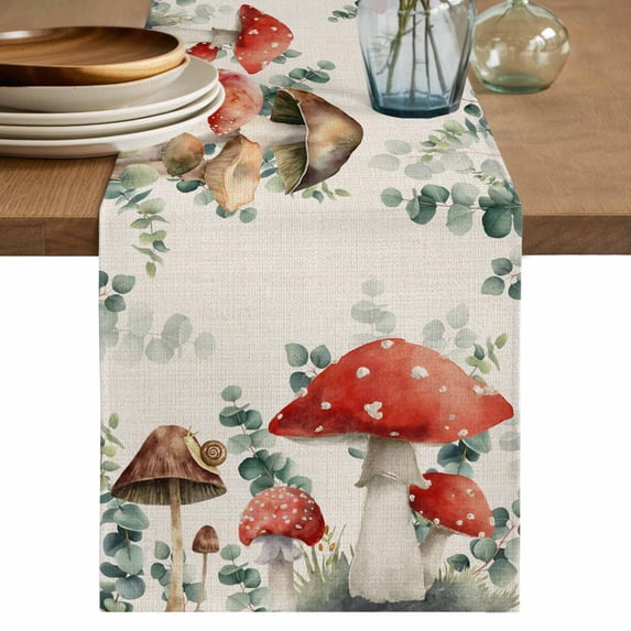 Table Runner 48 Inches Long for Kitchen Dining, Red Mushrooms Dresser Scarf Farmhouse, Dining Table Decorations for Wedding/Parties, Eucalyptus Leaves Summer Botanical Rustic 13 x 48 In