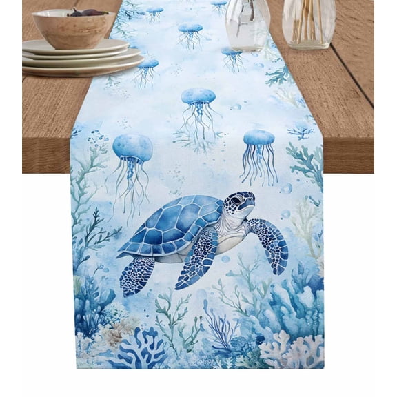 Table Runner 48 Inches Long for Kitchen Dining, Sea Turtle Coastal Dresser Scarf Farmhouse, Dining Table Decorations for Wedding/Parties, Blue Summer Beach Coral Jellyfish 13 x 48 In