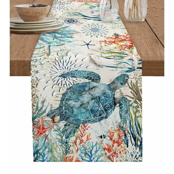 Table Runner 48 Inches Long for Kitchen Dining, Sea Turtle Coastal Dresser Scarf Farmhouse, Dining Table Decorations for Wedding/Parties, Vintage Beach Coral Starfish Nautical 13 x 48 In