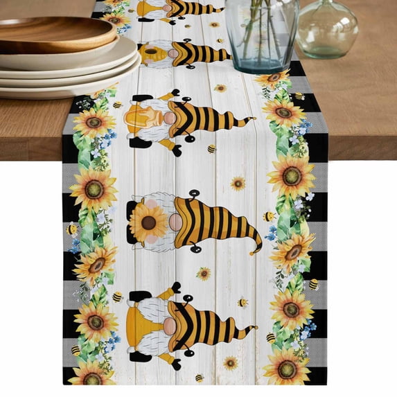 Table Runner 48 Inches Long for Kitchen Dining, Spring Bee Gnomes Dresser Scarf Farmhouse, Dining Table Decorations for Wedding/Parties, Sunflowers Black Plaid Grey Wooden 13 x 48 In