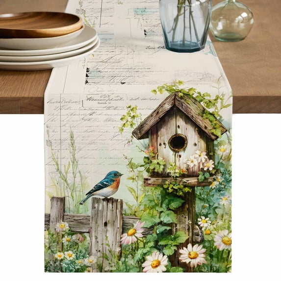 Table Runner 48 Inches Long for Kitchen Dining, Spring Floral Dresser Scarf Farmhouse, Dining Table Decorations for Wedding/Parties, Birds Cabin Daisy Watercolor Botanical 13 x 48 In