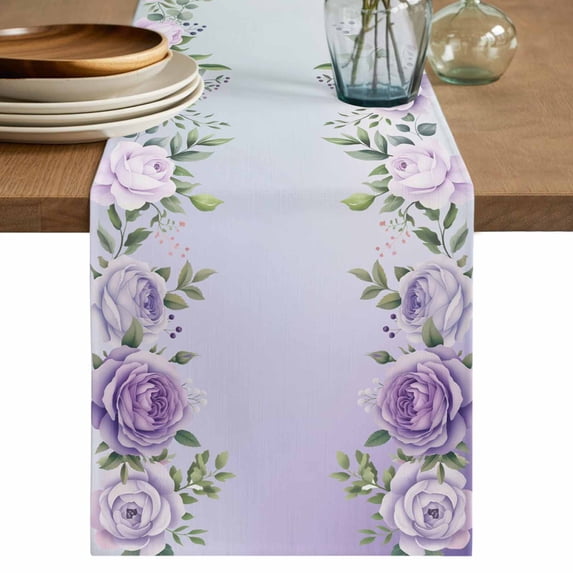 Table Runner 48 Inches Long for Kitchen Dining, Spring Flowers Dresser Scarf Farmhouse, Dining Table Decorations for Wedding/Parties, Botanical Purple Floral Leaaves Gradient 13 x 48 In