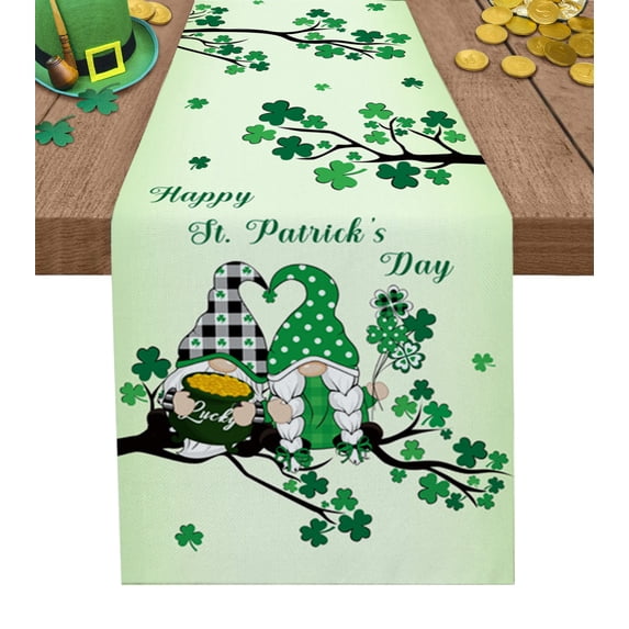 Table Runner 48 Inches Long for Kitchen Dining, St. Patrick's Day Dresser Scarf Farmhouse, Dining Table Decorations for Wedding/Parties, Green Ombre Lucky Tree Gnomes 13 x 48 In