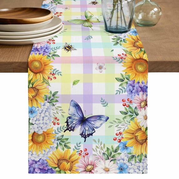 Table Runner 48 Inches Long for Kitchen Dining, Sunflowers Dresser Scarf Farmhouse, Dining Table Decorations for Wedding/Parties, Spring Flowers Butterflies Hydrangea Watercolor 13 x 48 In