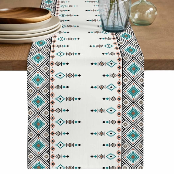 Table Runner 48 Inches Long for Kitchen Dining, Teal Black Boho Dresser Scarf Farmhouse, Dining Table Decorations for Wedding/Parties, Vintage Ethnic Tribe Abstract Art Retro 13 x 48 In