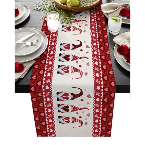 Table Runner 48 Inches Long for Kitchen Dining, Valentine Gnomes Dresser Scarf Farmhouse, Dining Table Decorations for Wedding/Parties, I Love U Red Buffalo Plaid Love Heart 13 x 48 In