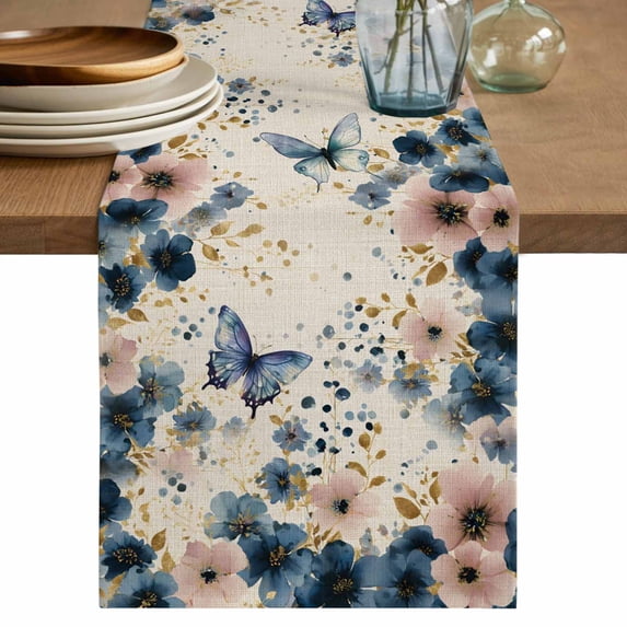 Table Runner 48 Inches Long for Kitchen Dining, Weeping Blue Floral Dresser Scarf Farmhouse, Dining Table Decorations for Wedding/Parties, Spring Butterflies Flowers Linen 13 x 48 In