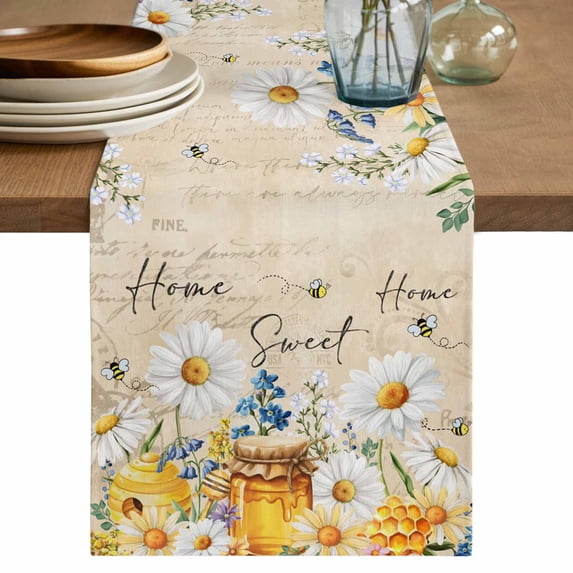 Table Runner 48 Inches Long for Kitchen Dining, White Daisy Dresser Scarf Farmhouse, Dining Table Decorations for Wedding/Parties, Spring Floral Bees Elegant Pastoral Botanical 13 x 48 In
