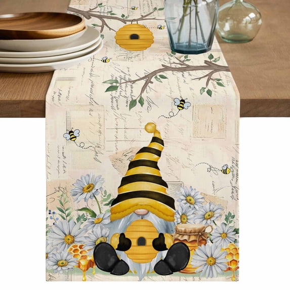 Table Runner 48 Inches Long for Kitchen Dining, Yellow Gnomes Dresser Scarf Farmhouse, Dining Table Decorations for Wedding/Parties, Spring Floral Bees Daisy Branches Watercolor 13 x 48 In