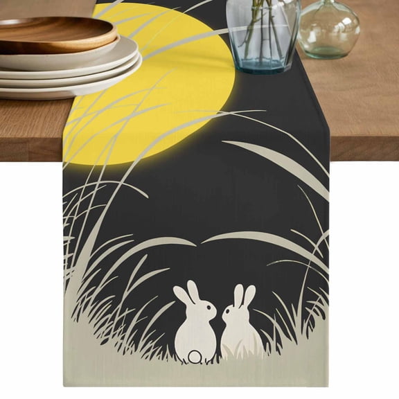 Table Runner 48 Inches Long for Kitchen Dining, Yellow Moonlight Dresser Scarf Farmhouse, Dining Table Decorations for Wedding/Parties, Modern Rustic Rabbits Botanical 13 x 48 In