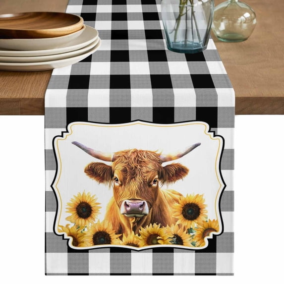 Table Runner 48 Inches Long for Kitchen Dining, Yellow Sunflowers Yak Dresser Scarf Farmhouse, Dining Table Decorations for Wedding/Parties, Black White Checkered Pastoral Buffalo 13 x 48 In