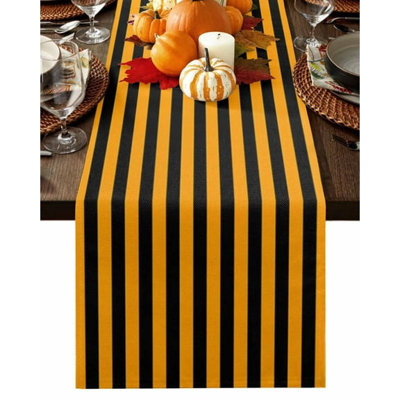 Table Runner 48 Inches Long, Orange Black Striped Cotton Linen Table Runners Non-Slip Durable Dresser Scarves for Table Party Dinner Holiday Home Decor, 1 Pack