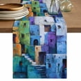 thumbnail image 1 of Table Runner - 60 Inch Long, Abstract Blue Kitchen Dining Table Runner Dresser Scarves, Painting Buildings Geometric Modern Art Farmhouse Decor for Coffee Tables Wedding Party Banquet, 1 of 8