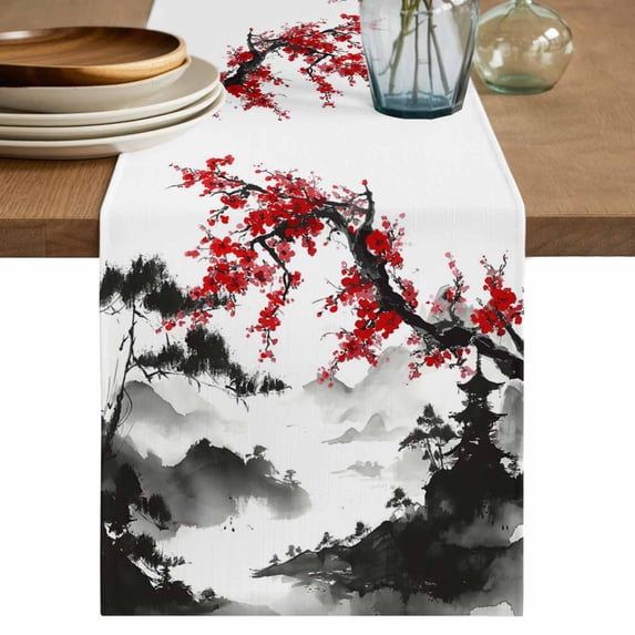 Table Runner - 60 Inch Long, Chinese Mountain Kitchen Dining Table Runner Dresser Scarves, Landscape Painting Red Plum Flowers Farmhouse Decor for Coffee Tables Wedding Party Banquet