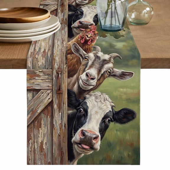 Table Runner - 60 Inch Long, Farmhouse Animals Kitchen Dining Table Runner Dresser Scarves, Country Cows Sheeps Roosters Farm Farmhouse Decor for Coffee Tables Wedding Party Banquet