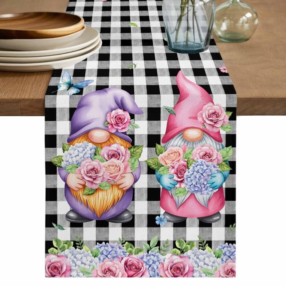 Table Runner - 60 Inch Long, Spring Gnomes Kitchen Dining Table Runner Dresser Scarves, Botanical Rose Leaves Black Buffalo Plaid Farmhouse Decor for Coffee Tables Wedding Party Banquet