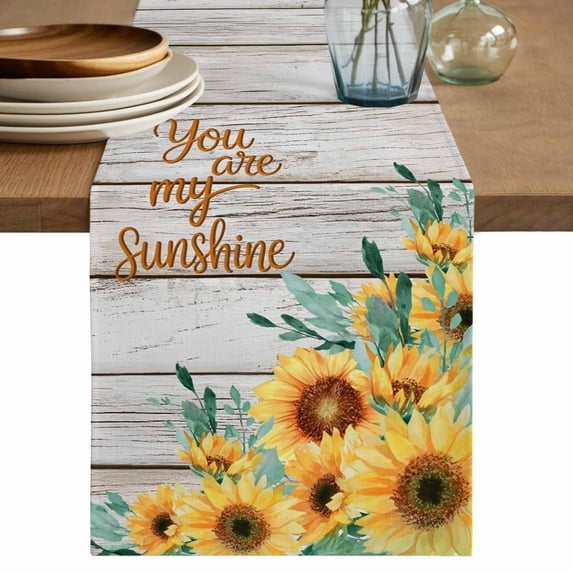 Table Runner - 60 Inch Long, Sunflower Kitchen Dining Table Runner Dresser Scarves, Summer Botanical Elegant Floral Wooden Farmhouse Decor for Coffee Tables Wedding Party Banquet