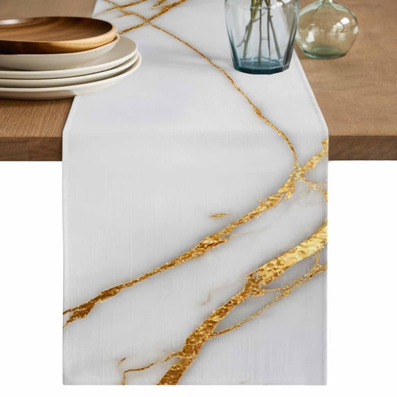 Table Runner - 60 Inch Long, White Yellow Marble Kitchen Dining Table Runner Dresser Scarves, Ink Painting Modern Art Farmhouse Decor for Coffee Tables Wedding Party Banquet
