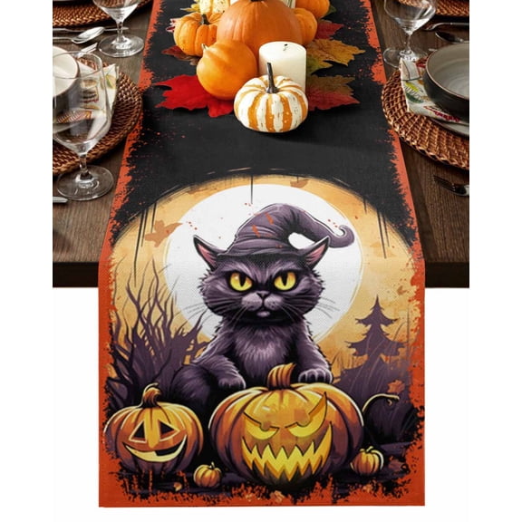 Table Runner 60 Inches Long, Halloween Horror Pumpkin Black Cat Bat Cotton Linen Table Runners Non-Slip Durable Dresser Scarves for Table Party Dinner Holiday Home Decor, 1 Pack