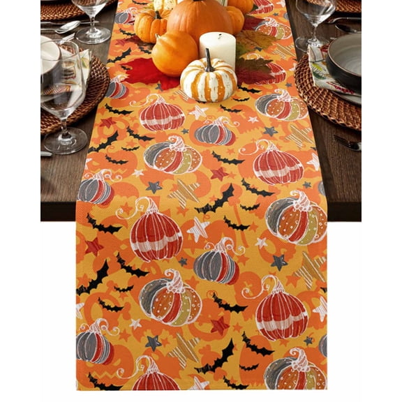 Table Runner 60 Inches Long, Halloween Orange Pumpkin Cobweb Cotton Linen Table Runners Non-Slip Durable Dresser Scarves for Table Party Dinner Holiday Home Decor, 1 Pack