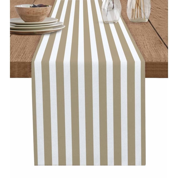 Table Runner 60 Inches Long for Kitchen Dining, Beige Striped Dresser Scarf Farmhouse, Dining Table Decorations for Wedding/Parties, Modern Farmhouse Beige White Stripes 13 x 60 In