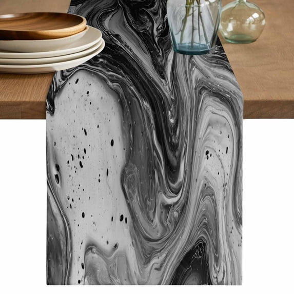 Table Runner 60 Inches Long for Kitchen Dining, Black Marble Dresser Scarf Farmhouse, Dining Table Decorations for Wedding/Parties, Vintage Abstract Grey Fluid Aesthetic 13 x 60 In