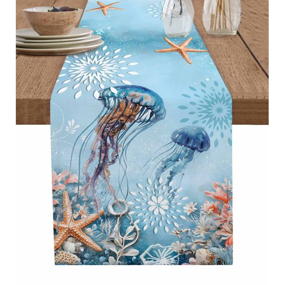 Table Runner 60 Inches Long for Kitchen Dining, Blue Coastal Jellyfish Dresser Scarf Farmhouse, Dining Table Decorations for Wedding/Parties, Summer Beach Starfish Botanical 13 x 60 In