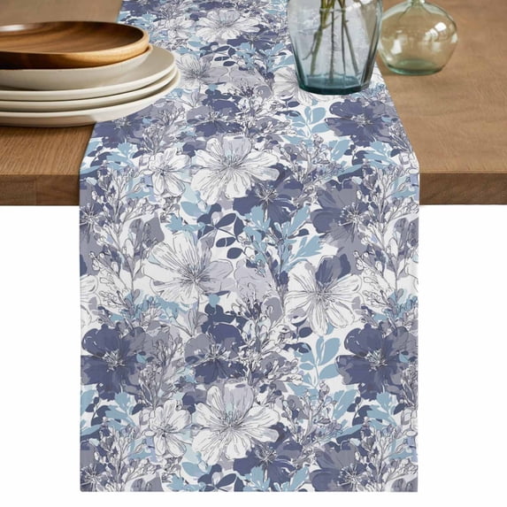 Table Runner 60 Inches Long for Kitchen Dining, Blue Floral Dresser Scarf Farmhouse, Dining Table Decorations for Wedding/Parties, Spring Botanical Flowers Leaves Vintage 13 x 60 In