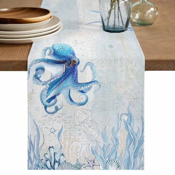 Table Runner 60 Inches Long for Kitchen Dining, Blue Octopus Coastal Dresser Scarf Farmhouse, Dining Table Decorations for Wedding/Parties, Coral Summer Beach Nautical Ocean Blue 13 x 60 In