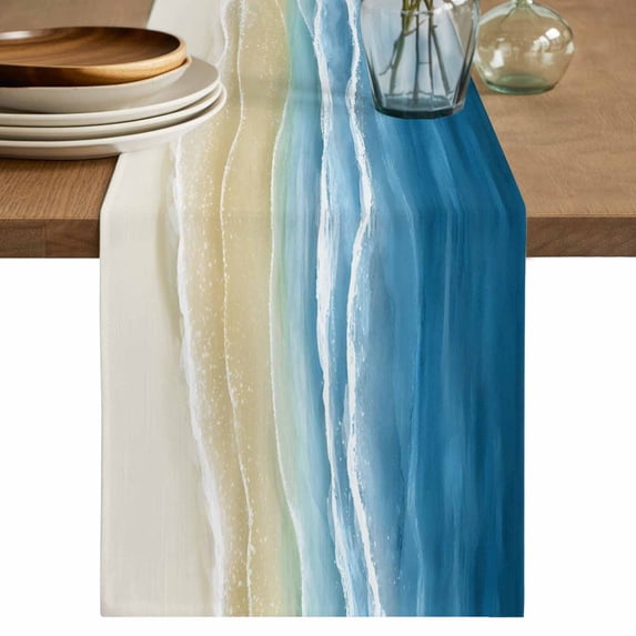 Table Runner 60 Inches Long for Kitchen Dining, Blue Summer Beach Dresser Scarf Farmhouse, Dining Table Decorations for Wedding/Parties, Nautical Coastal Beige Seaside 13 x 60 In