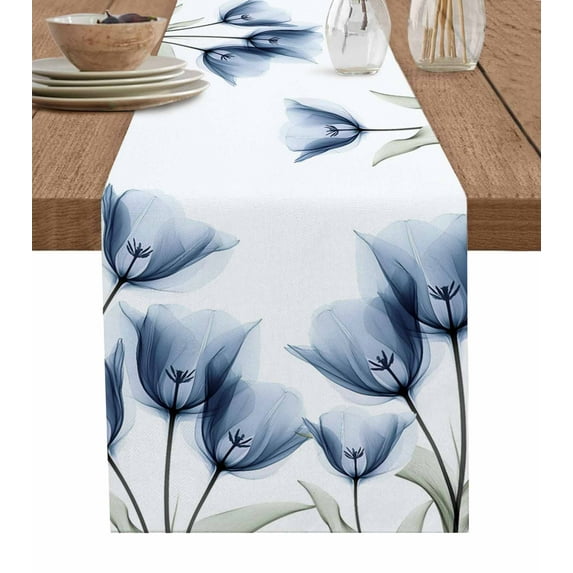 Table Runner 60 Inches Long for Kitchen Dining, Blue Tulips Floral Dresser Scarf Farmhouse, Dining Table Decorations for Wedding/Parties, Spring Farmhouse Elegant Flowers 13 x 60 In