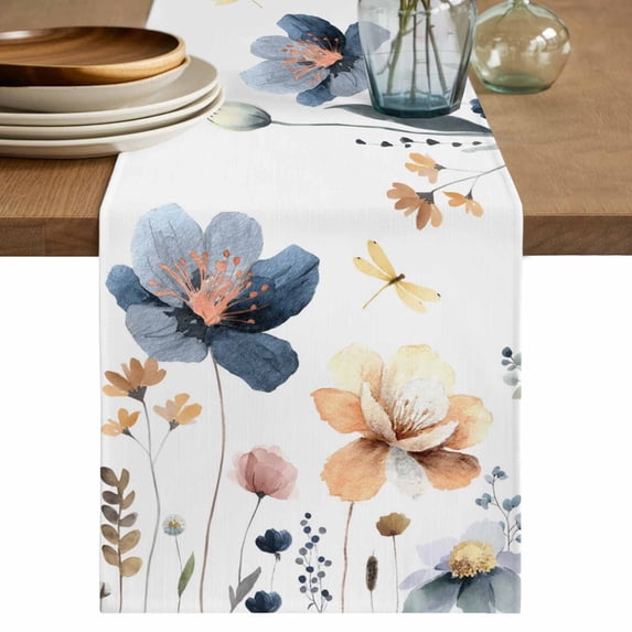 Table Runner 60 Inches Long for Kitchen Dining, Blue Yellow Flowers Dresser Scarf Farmhouse, Dining Table Decorations for Wedding/Parties, Spring Summer Garden Wildflowers 13 x 60 In