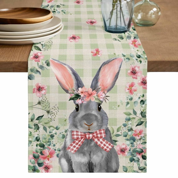 Table Runner 60 Inches Long for Kitchen Dining, Bunny Easter Dresser Scarf Farmhouse, Dining Table Decorations for Wedding/Parties, Spring Floral Eucalyptus Leaves Green Plaid Rustic 13 x 60 In