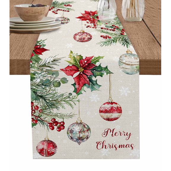 Table Runner 60 Inches Long for Kitchen Dining, Christmas Balls Dresser Scarf Farmhouse, Dining Table Decorations for Wedding/Parties, Red Green Xmas Botanical Snowflake Rustic 13 x 60 In