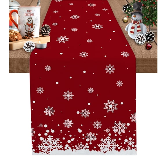 Table Runner 60 Inches Long for Kitchen Dining, Christmas Snowflake Dresser Scarf Farmhouse, Dining Table Decorations for Wedding/Parties, Xmas Winter White Snowflake Red 13 x 60 In