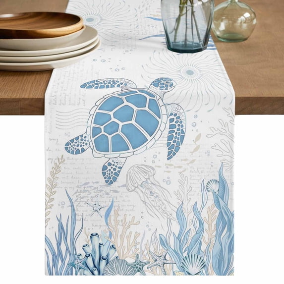 Table Runner 60 Inches Long for Kitchen Dining, Coastal Trutle Dresser Scarf Farmhouse, Dining Table Decorations for Wedding/Parties, Nautical Summer Beach Ocean Coral 13 x 60 In